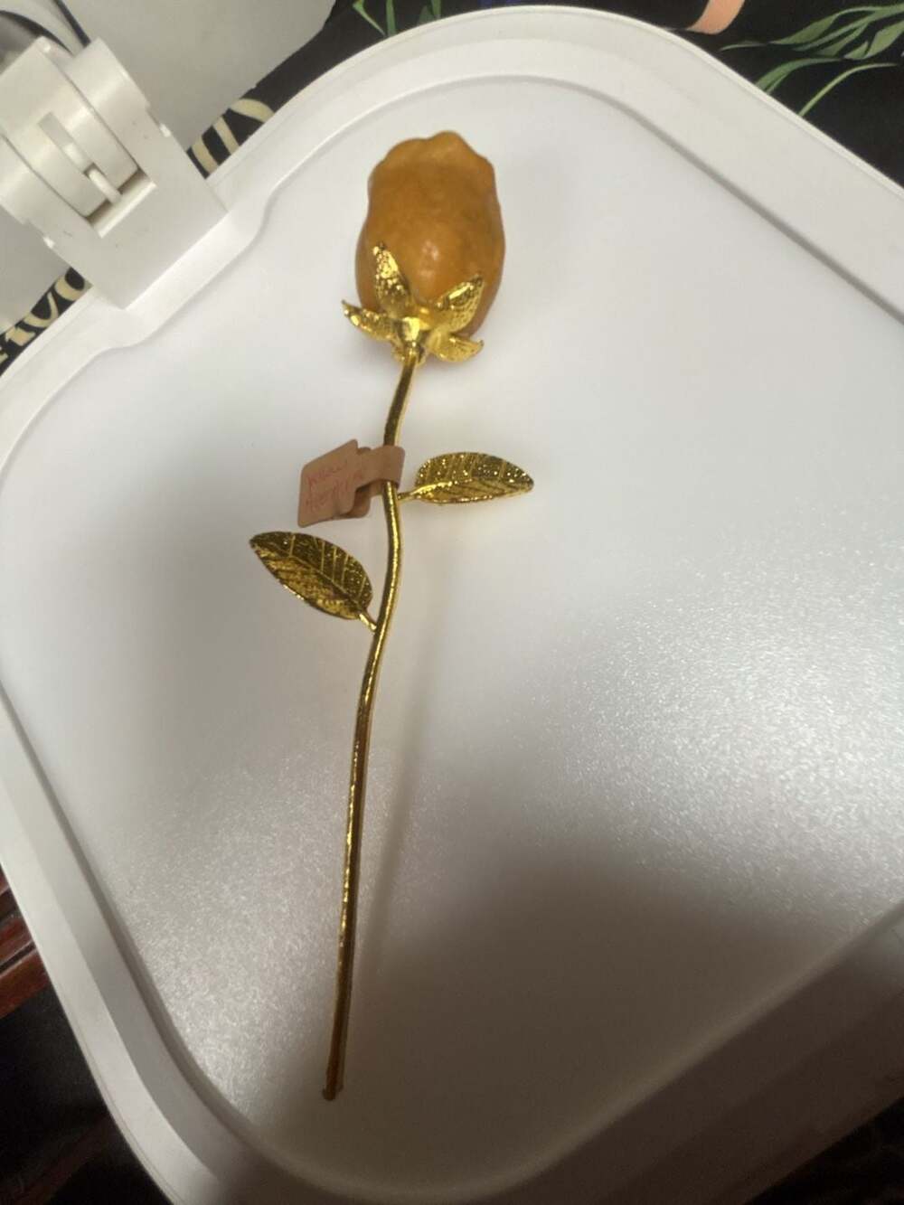 Yellow Aventurine Crystal Rose Flower with Gold Tone Stem